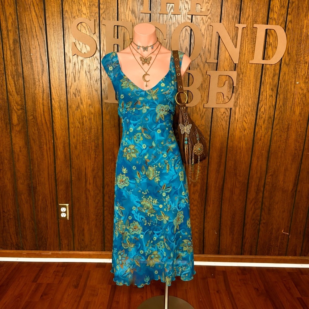 Blue Boho Floral Midi Dress City Triangles L Y2K Fairycore Western Whimsigoth